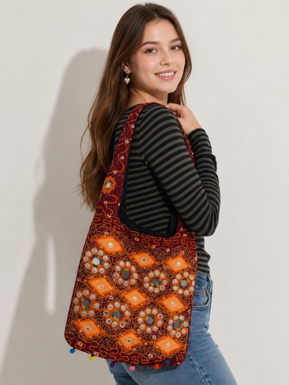 NEW Boho Embroidered Shoulder Bag Handmade Mirror Beaded Hippie Crossbody Tote